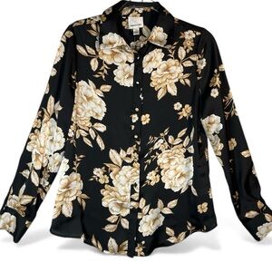 INDUSTRY Floral Black, Gold, and Cream Women's Silky Button Down Blouse | M